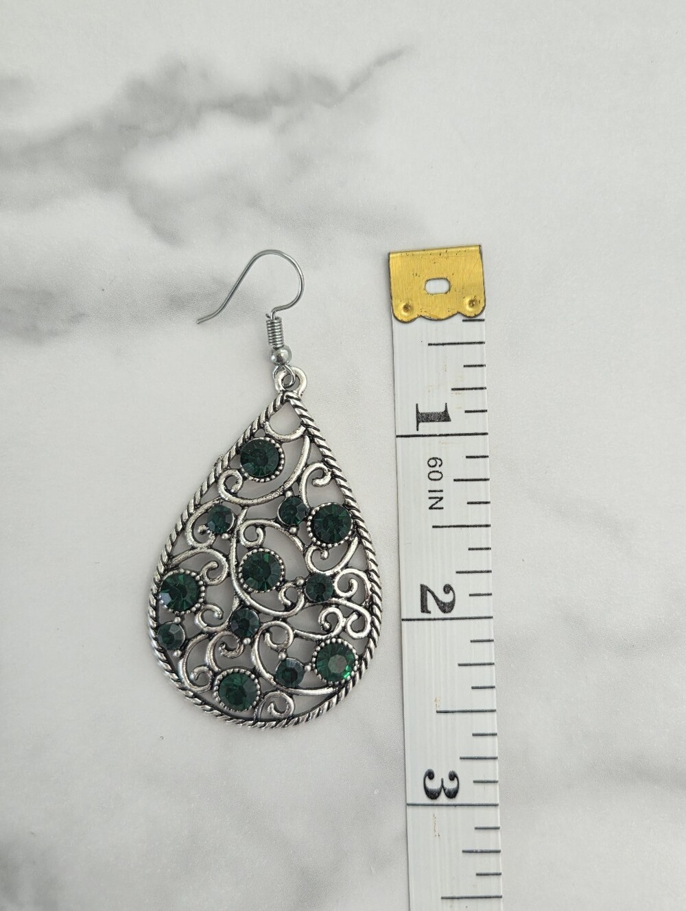 Paparazzi Silver Filigree Teardrop Earrings with Emerald Rhinestones - Picture 12 of 12